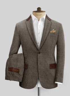 Vintage Dark Brown Herringbone Tweed Suit - Leather Trims