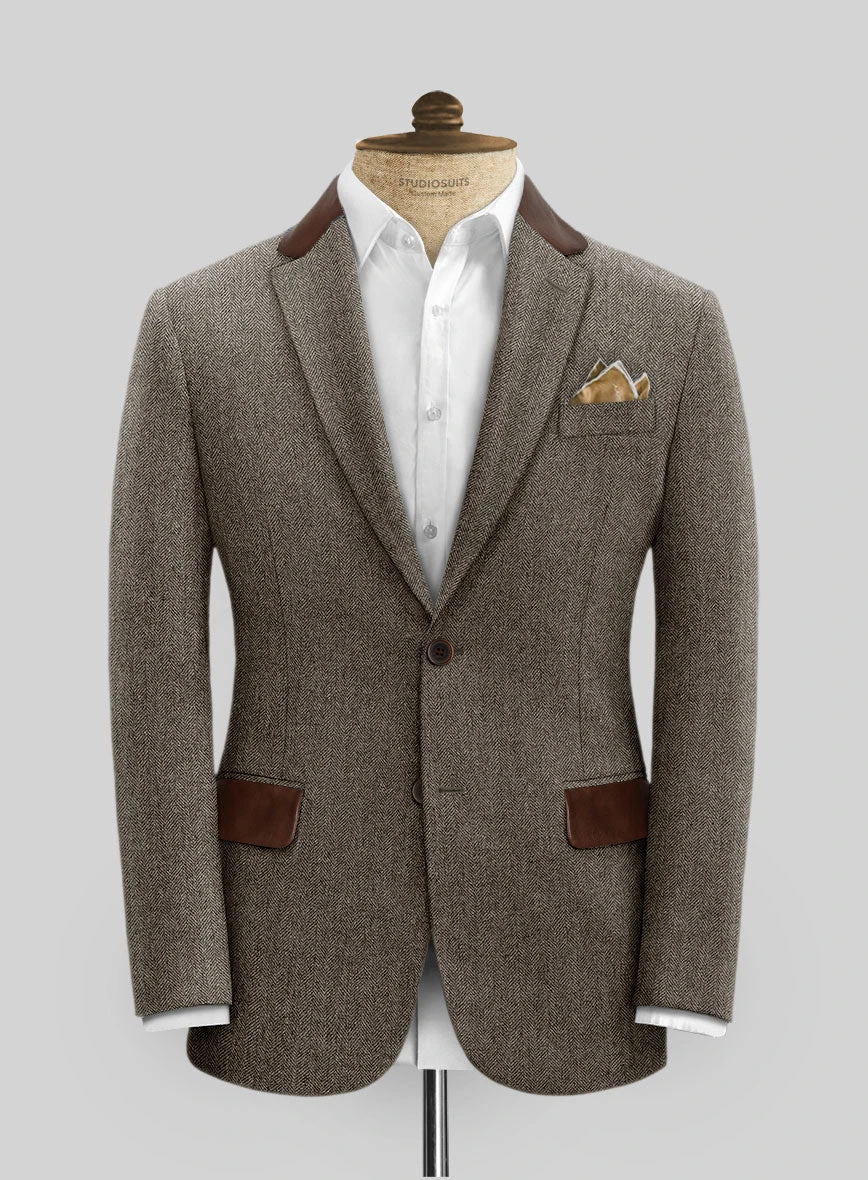 Vintage Dark Brown Herringbone Tweed Suit - Leather Trims - Image 3